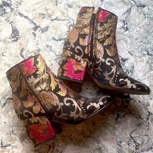 Sam Edelman Booties - Size 6.5 - Black Satin with Gold & Pink Embroidery